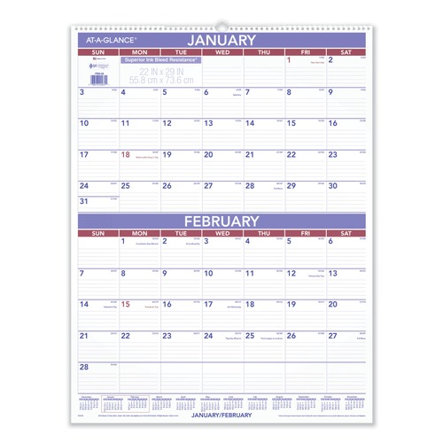 Back to School Sale | AT-A-GLANCE PM9-28 12 Month: Jan 2026 to Dec 2026 22 in. x 29 in. 2-Month Wall Calendar - White/Blue/Red Sheets image number 0