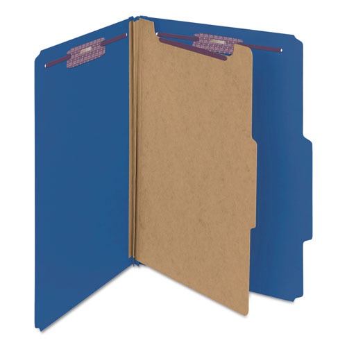 File Folders | Smead 18732 Four SafeSHIELD Fasteners 1 Divider Legal Size Four-Section Pressboard Top Tab Classification Folders - Dark Blue (10/Box) image number 0