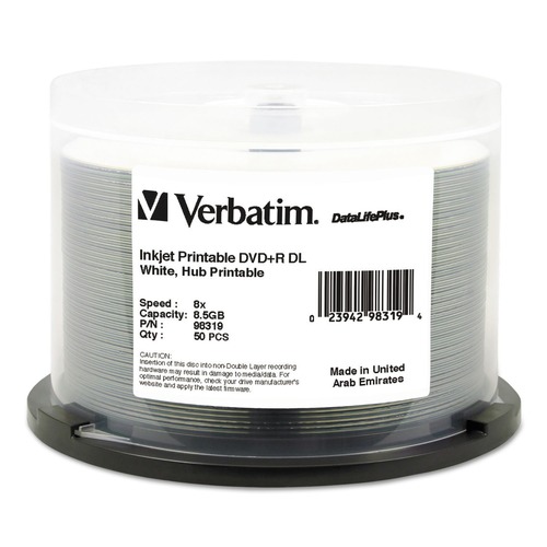 Back to School Sale | Verbatim 98319 Dvdplusr Dual Layer Recordable Disc, 8.5gb, 8x, Printable, Spindle (50/Pack) image number 0