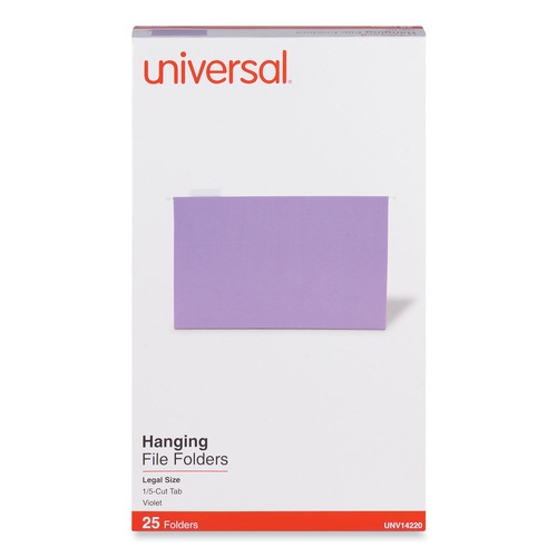 File Folders | Universal UNV14220 Deluxe Bright Color Legal Size 1/5-Cut Tab Hanging File Folders - Violet (25/Box) image number 0