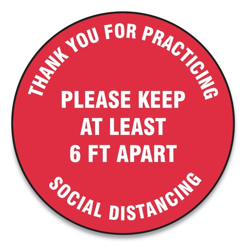 Floor Signs & Safety Signs | GN1 MFS422ESP 12 in. Circle "Thank You For Practicing Social Distancing Please Keep At Least 6 ft. Apart" Slip-Gard Floor Signs - Red (25/Pack) image number 0