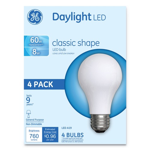 Office & Office Supplies | GE 99192 8 Watts A19 Classic LED Non-Dim Light Bulb - Daylight (4/Pack) image number 0