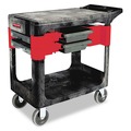 Cleaning Carts | Rubbermaid Commercial FG618000BLA 19.25 in. x 38 in. x 33.38 in. 2 Shelves 2 Drawers 330 lb Capacity Plastic Two-Shelf Trades Cart - Black image number 0