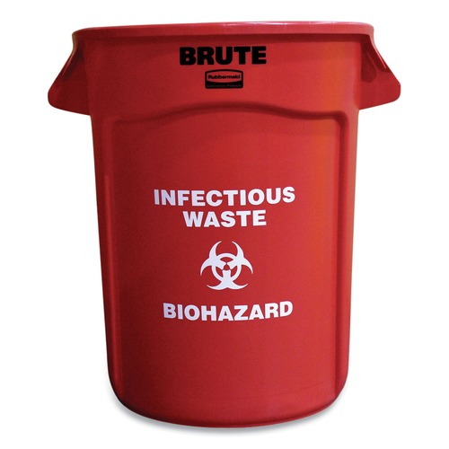 Trash & Waste Bins | Rubbermaid Commercial SMFG263200RED Brute 32 gal (Infectious Waste: Biohazard) Imprint Plastic Vented Container - Round Red image number 0