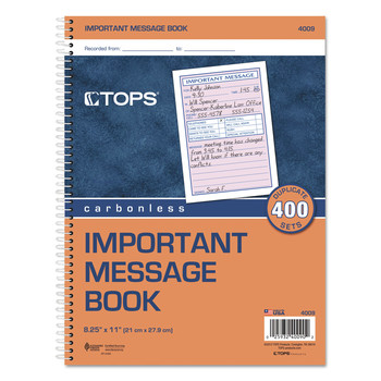 TOPS 4009 3.88 x 5.5 Two-Part Carbonless Telephone Message Book with Fax/Mobile Section