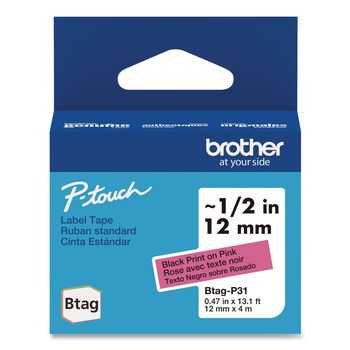 Brother P-Touch BTAGP31 0.47 in. x 13.1 ft. Genuine P-Touch BTAG Label Tapes - Black on Pink