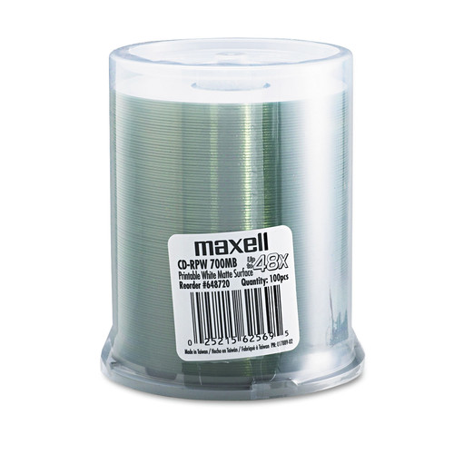 Office Electronics & Batteries | Maxell 648720 700 MB/80 min 48x CD-RPW Spindle Printable Recordable Disc - Matte White (100/Pack) image number 0