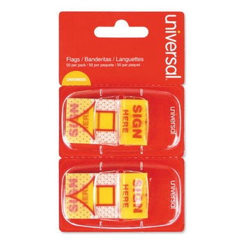 Universal UNV99005 "Sign Here" Arrow Page Flags - Yellow/Red (50 Flags/Dispenser, 2 Dispensers/Pack)