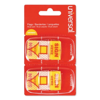 DESK ACCESSORIES AND OFFICE ORGANIZERS | Universal UNV99005 "Sign Here" Arrow Page Flags - Yellow/Red (50 Flags/Dispenser, 2 Dispensers/Pack)