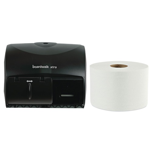 Paper Towel Holders | Boardwalk 47GREEN45XTRA-BNDL 11.13 in. x 7.38 in. x 8.88 in. Xtra 2-Roll Controlled Bath Tissue Dispenser with 2-Ply Green Xtra Controlled Bath Tissue Bundle (36 Rolls/Carton) image number 0