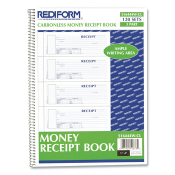 Rediform S16444WCL 7 in. x 2.75 in. Three-Part Carbonless Spiralbound Unnumbered Money Receipt Book
