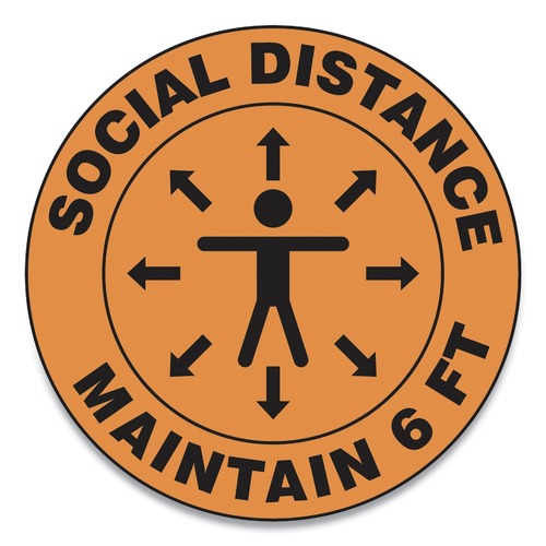 Floor Signs & Safety Signs | GN1 MFS382ESP 17 in. Circle "Social Distance Maintain 6 ft." Human/Arrows Slip-Gard Social Distance Floor Signs - Orange (25/Pack) image number 0