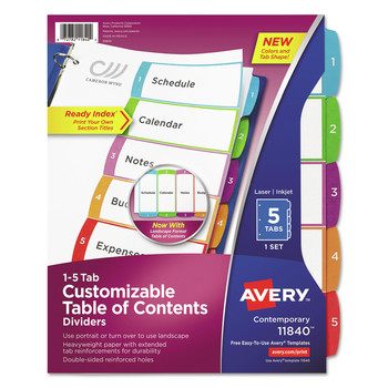 Avery 11840 5-Tab 1 to 5 11 in. x 8-1/2 in. Contemporary Color Tabs Customizable TOC Ready Index Multicolor Tab Dividers - White (1 Set)