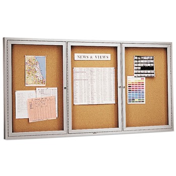 Quartet 2366 72 in. x 36 in. Enclosed Indoor Cork Bulletin Board with 3 Hinged Doors - Tan Surface, Silver Aluminum Frame