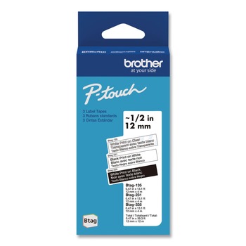Brother P-Touch BTAG3M01 0.47 in. x 13.1 ft. Genuine P-Touch BTAG Label Tapes - White on Clear, Black on White, White on Black