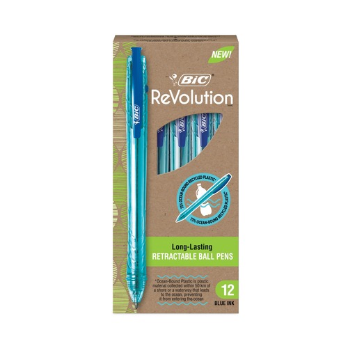 Pens | BIC BPRR11BE ReVolution Ocean Bound Medium 1 mm. Retractable Ballpoint Pen - Blue Ink/Translucent Blue Barrel (1-Dozen) image number 0
