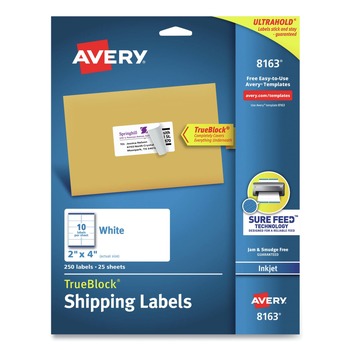 Avery 08163 2 in. x 4 in. Shipping Labels with TrueBlock Technology for Inkjet Printers - White (10/Sheet, 25 Sheets/Pack)