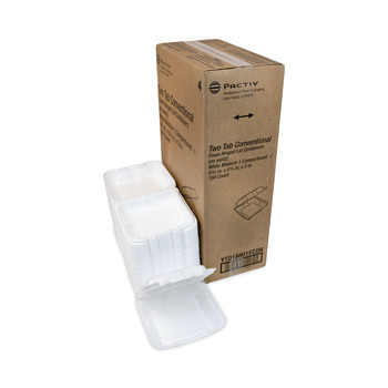 Pactiv Corp. YTD18801ECON 8.42 in. x 8.15 in. x 3 in. Dual Tab Lock Economy Vented Foam Hinged Lid Container - White (150/Carton)