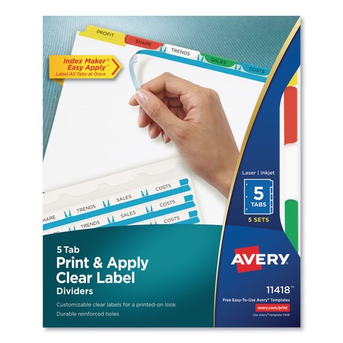 Just Launched | Avery 11418 Index Maker 11 in. x 8.5 in. 5-Tab Traditional Color Print and Apply Clear Label Dividers - Assorted (5/Pack) image number 0