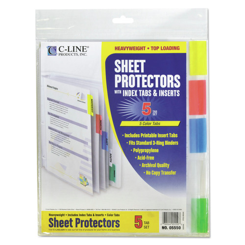 Sheet Protectors | C-Line 05550 2 in. 11 x 8.5 Sheet Protectors with Index Tabs - Assorted Color Tabs (5/Set) image number 0