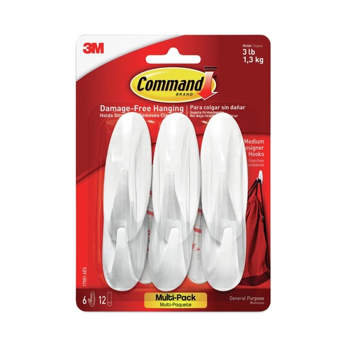 Hook & Loop Fasteners | Command 17081-6ES 3 lbs. Capacity Plastic Decorative Hooks - Medium White (6/Pack) image number 0