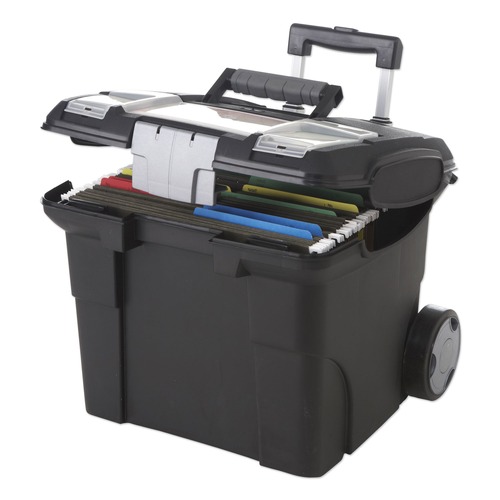 Just Launched | Storex 61507U01C 15 in. x 16.38 in. x 14.25 in. Premium Mobile Letter File Transport Box with Telescoping Handle and Organizer Tray - Black/Gray image number 0