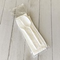 Cutlery | Boardwalk BWK4COMBOKITPP 4-Piece Mediumweight Polypropylene Plastic Fork/Knife/Napkin/Spoon Cutlery Kit - White (250/Carton) image number 3