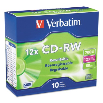  | Verbatim 95156 700 MB/80 min 12x Slim Jewel Case CD-RW High-Speed Rewritable Disc - Silver (10/Pack)