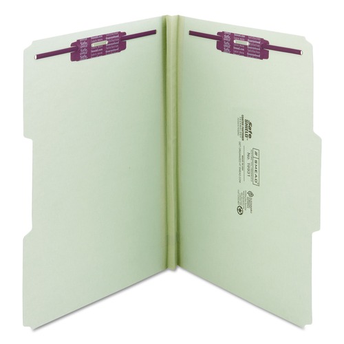 File Folders | Smead 19931 1 in. Expansion Recycled Pressboard 1/3-Cut Tab Fastener Folders with Two SafeSHIELD Fasteners - Legal Size/Gray-Green (25/Box) image number 0