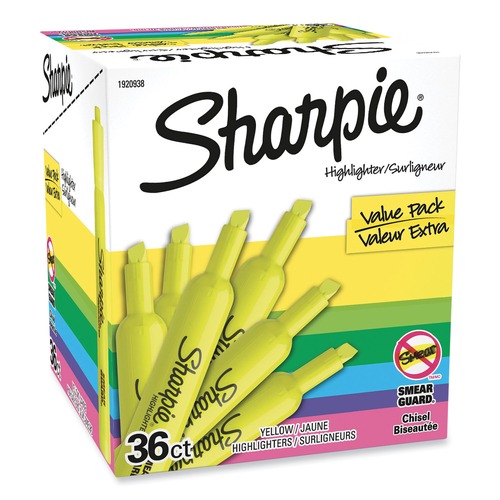 Washable Markers | Sharpie 1920938 Chisel Tip Tank Style Highlighter Value Pack - Fluorescent Yellow Ink, Yellow Barrel (36/Box) image number 0