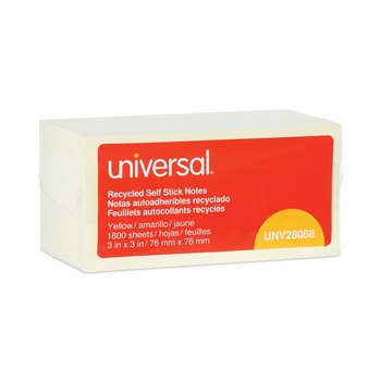 Universal UNV28068 3 in. x 3 in. Recycled Self-Stick Note Pads - Yellow (18 Pads/Pack)