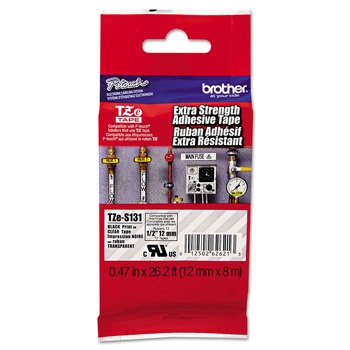 Brother P-Touch TZES131 0.47 in. x 26.2 ft. TZe Standard Adhesive Laminated Labeling Tape - Black on Clear