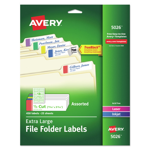 Dividers & Tabs | Avery 05026 0.94 in. x 3.44 in. Extra-Large TrueBlock File Folder Labels with Sure Feed Technology - White (18/Sheet, 25 Sheets/Pack) image number 0