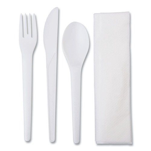  | Eco-Products EP-S015 Plantware Compostable Fork/Knife/Napkin/Spoon Cutlery Kit - Pearl White (250/Carton) image number 0