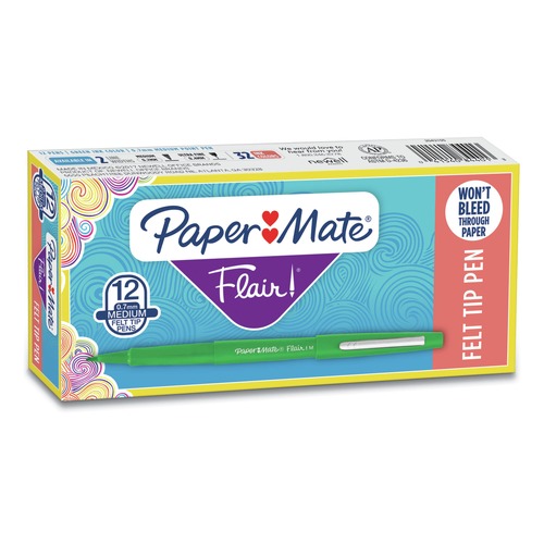 Pens | Paper Mate 8440152 Medium 0.7 mm Point Guard Flair Felt Tip Porous Point Stick Pen - Green Ink, Green Barrel (1-Dozen) image number 0