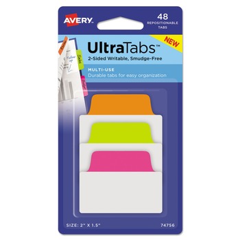 Avery 74756 2 in. x 1.5 in. 1/5-Cut Standard Ultra Tabs Repositionable Tabs - Assorted Neon Colors (48/Pack)