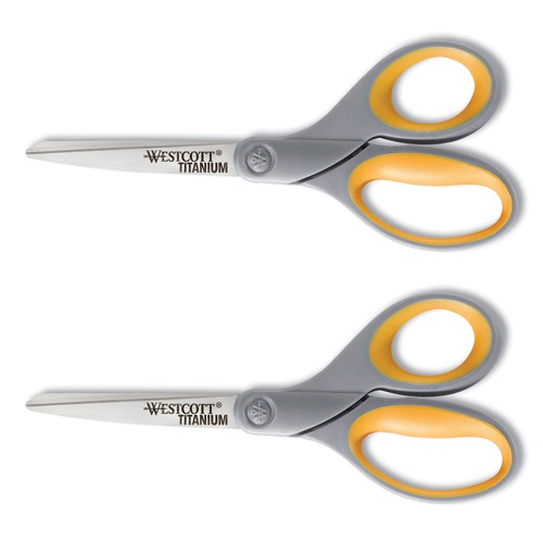 Back to School Sale | Westcott 13901 8 in. Long 3.5 in. Cut Length Titanium Bonded Scissors - Straight Gray/Yellow Handle (2/Pack) image number 0