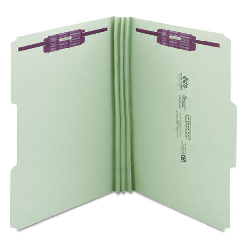 File Folders | Smead 19944 3 in. Expansion Recycled Pressboard 1/3-Cut Tab Fastener Folders with Two SafeSHIELD Fasteners - Legal Size/Gray-Green (25/Box) image number 0