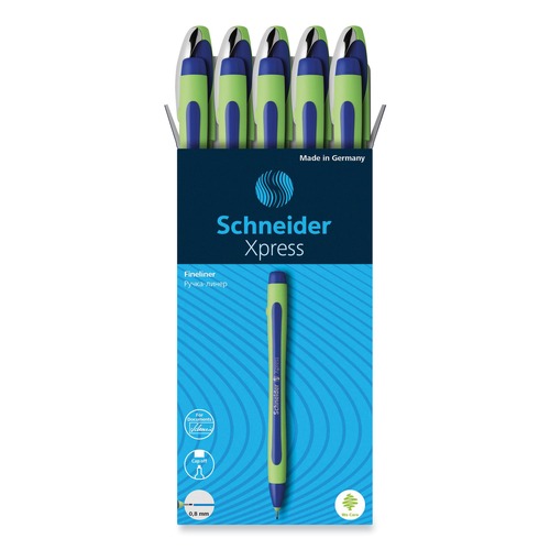 Pens | Schneider 190003 0.8 mm Xpress Fineliner Porous Point Stick Pen - Medium/Blue Ink/Blue/Green Barrel (10/Box) image number 0