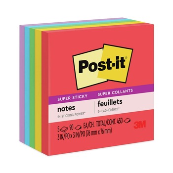 Post-it Notes Super Sticky 654-5SSAN 3 in. x 3 in. Pads in Playful Primary Collection Colors (5 Pads/Pack)