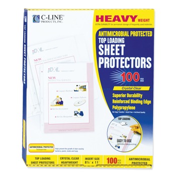 C-Line 62033 3-Hole Punched 8.5 in. x 11 in. Insert Heavy-Duty Polypropylene Sheet Protectors with Antimicrobial Protection - Clear (100/Box)