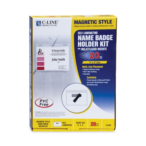 Laminating Supplies | C-Line 92843 3 in. x 4 in. Self-Laminating Magnetic Style Name Badge Holder Kit - Clear (20/Box) image number 0