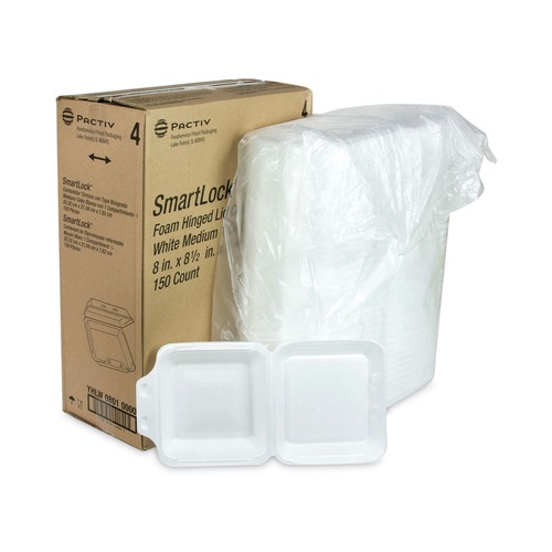 Food Trays, Containers, and Lids | Pactiv Corp. YHLW08010000 SmartLock 8 in. x 8 in. x 3 in. Medium Foam Hinged Lid Container - White (150/Carton) image number 0