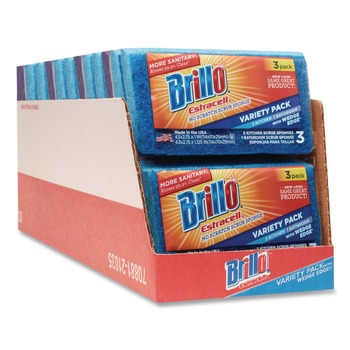 Brillo 21035 Estracell 4.5 in. x 2.75 in. Scrub Sponge Variety Pack - Blue/Purple/White (8/Carton)
