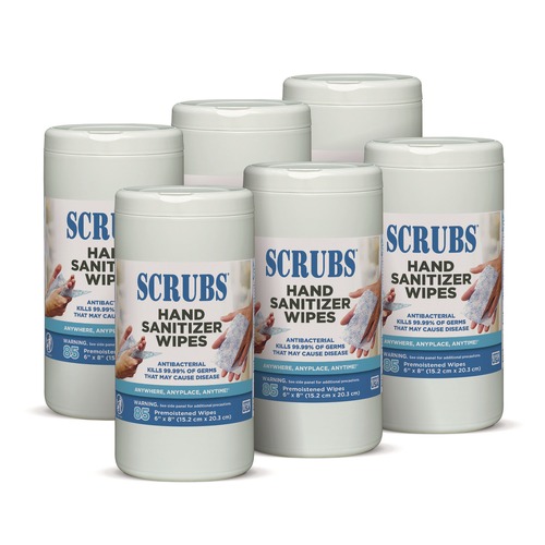 Hand Wipes | SCRUBS 90985 1 Ply 6 in. x 8 in. Unscented Hand Sanitizer Wipes - Blue/White (6/Carton) image number 0