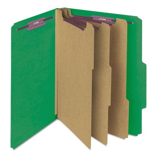 File Folders | Smead 14097 8 SafeSHIELD Fasteners 3 Dividers Letter Size 8-Section Pressboard Top Tab Classification Folders - Green (10/Box) image number 0