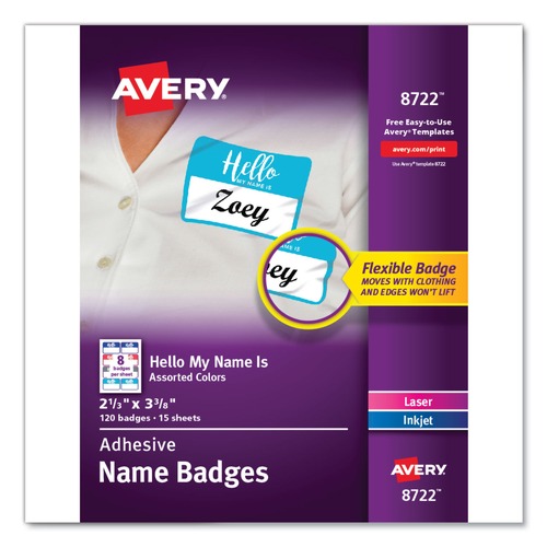 Avery | Avery 08722 3.37 in. x 2.33 in. Flexible "Hello" Adhesive Name Badge Labels - Assorted (120/PK) image number 0