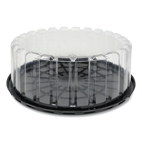 Food Trays, Containers, and Lids | Pactiv Corp. YEH899020000 10 in. x 10 in. x 3.38 in. Round ShowCake 2-Part Cake Container - Clear/Black (90/Carton) image number 0