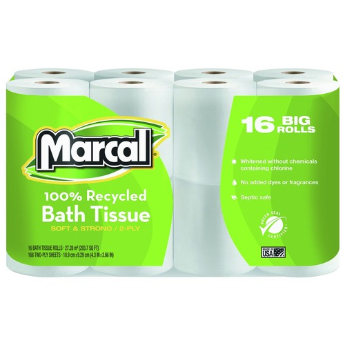 Toilet Paper | Marcal 16466 2 Ply Septic Safe 4 in. x 4 in. 100% Recycled Bath Tissues - White (16/Pack) image number 0