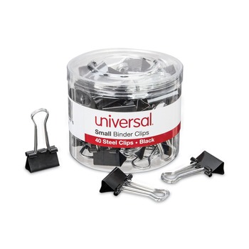 BINDING SUPPLIES | Universal UNV11140 Binder Clips with Storage Tub - Small, Black/Silver (40/Pack)
